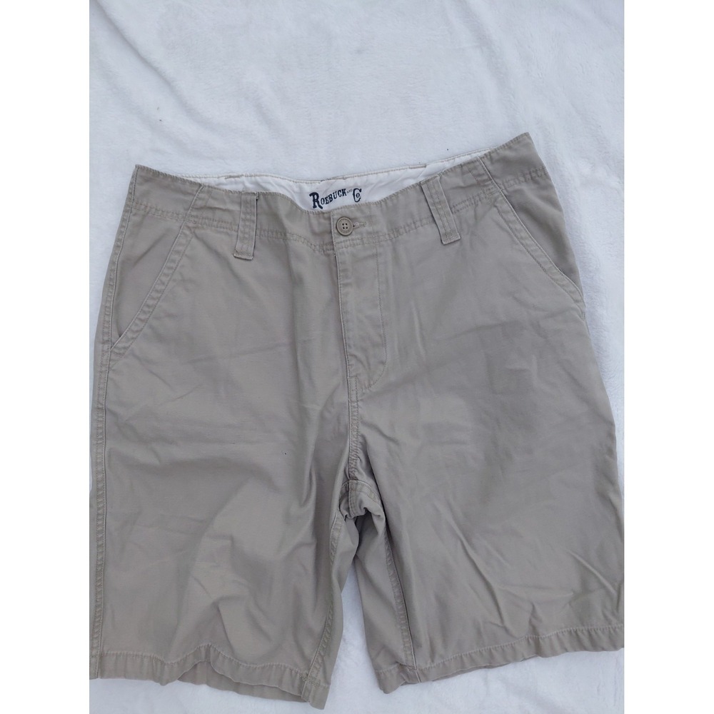 Roebuck & Co Mens Khaki Chino Shorts Size 36 Tan Cotton Blend Stretch Flat Front